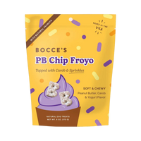 Dog Dish Bocce PB Chip Froyo soft and chewy dog treats in a yellow bag with peanut butter and carob flavor