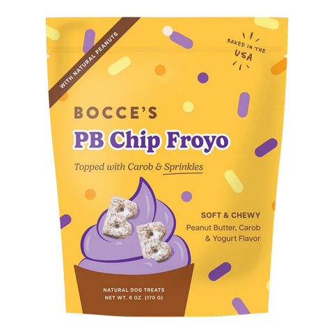 Dog Dish Bocce's Bakery PB Chip Froyo soft and chewy dog treats in a yellow bag with peanut butter and carob flavor.