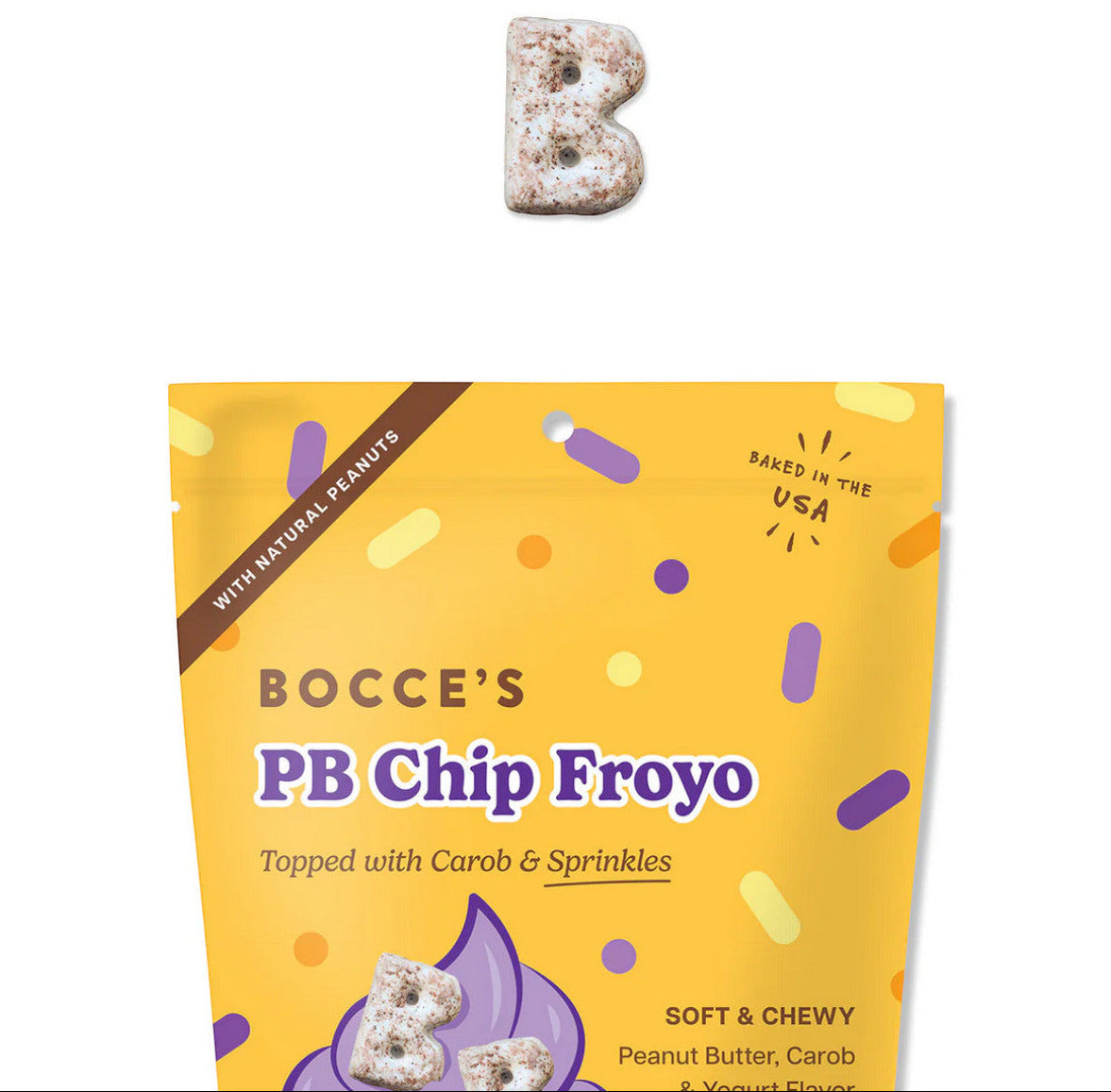 Dog Dish Bocce's Bakery soft and chewy PB Chip Froyo dog treats in a yellow bag with carob and sprinkle details.