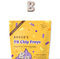 Dog Dish Bocce's Bakery soft and chewy PB Chip Froyo dog treats in a yellow bag with carob and sprinkle details.