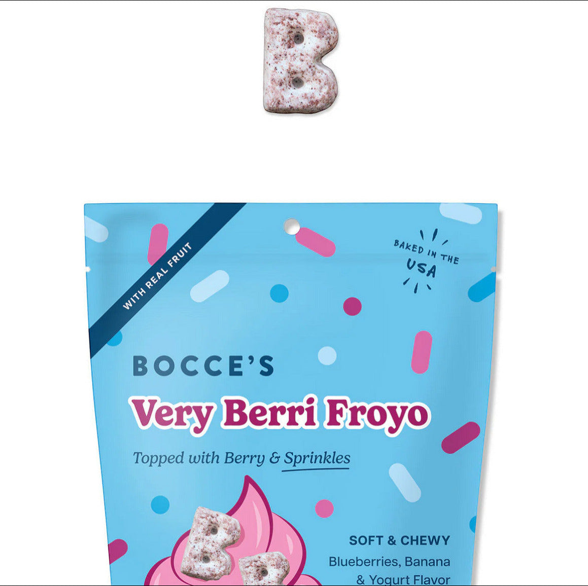 Dog Dish Bocce's Bakery Very Berri Froyo soft and chewy dog treats in a blue bag with berry and yogurt illustrations.