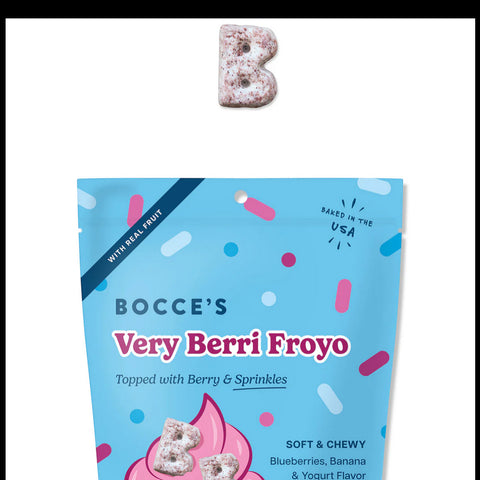 Dog Dish Bocce Very Berri Froyo soft and chewy dog treats in a blue bag with berry and yogurt flavor details.
