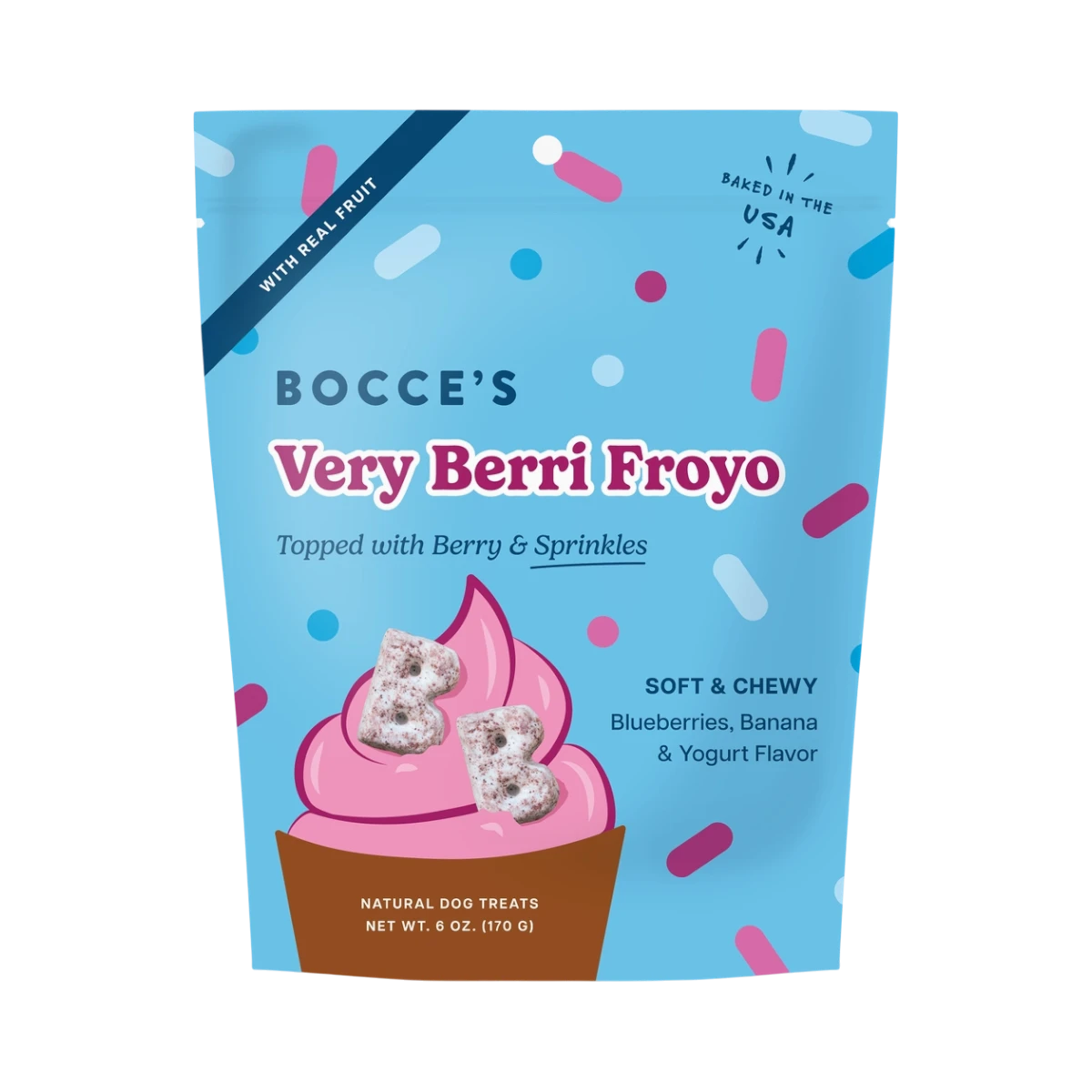 Dog Dish Bocce's Very Berri Froyo soft and chewy dog treats in a blue pouch with berry and yogurt flavor graphics.