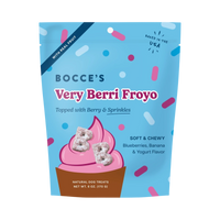 Dog Dish Bocce's Very Berri Froyo soft and chewy dog treats in a blue pouch with berry and yogurt flavor graphics.
