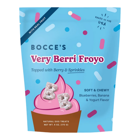 Dog Dish Bocce's Very Berri Froyo soft and chewy dog treat bag featuring blueberry, banana, and yogurt flavors.
