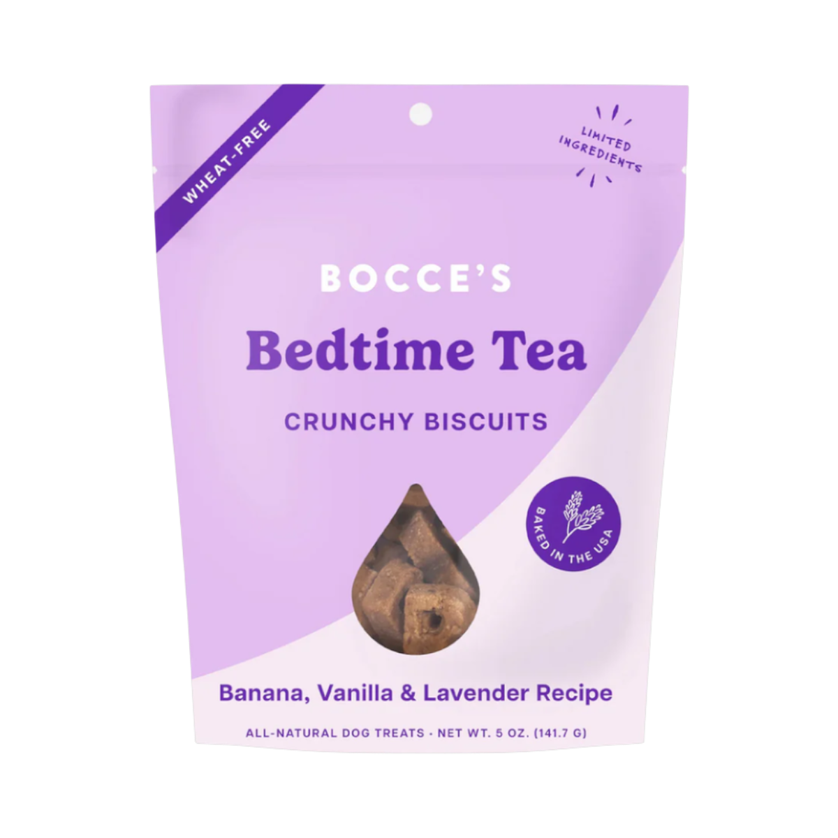Dog Dish Bocce's Bakery Bedtime Tea wheat-free crunchy dog biscuits in a light purple 5-ounce bag.