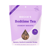 Dog Dish Bocce's Bakery Bedtime Tea wheat-free crunchy dog biscuits in a light purple 5-ounce bag.
