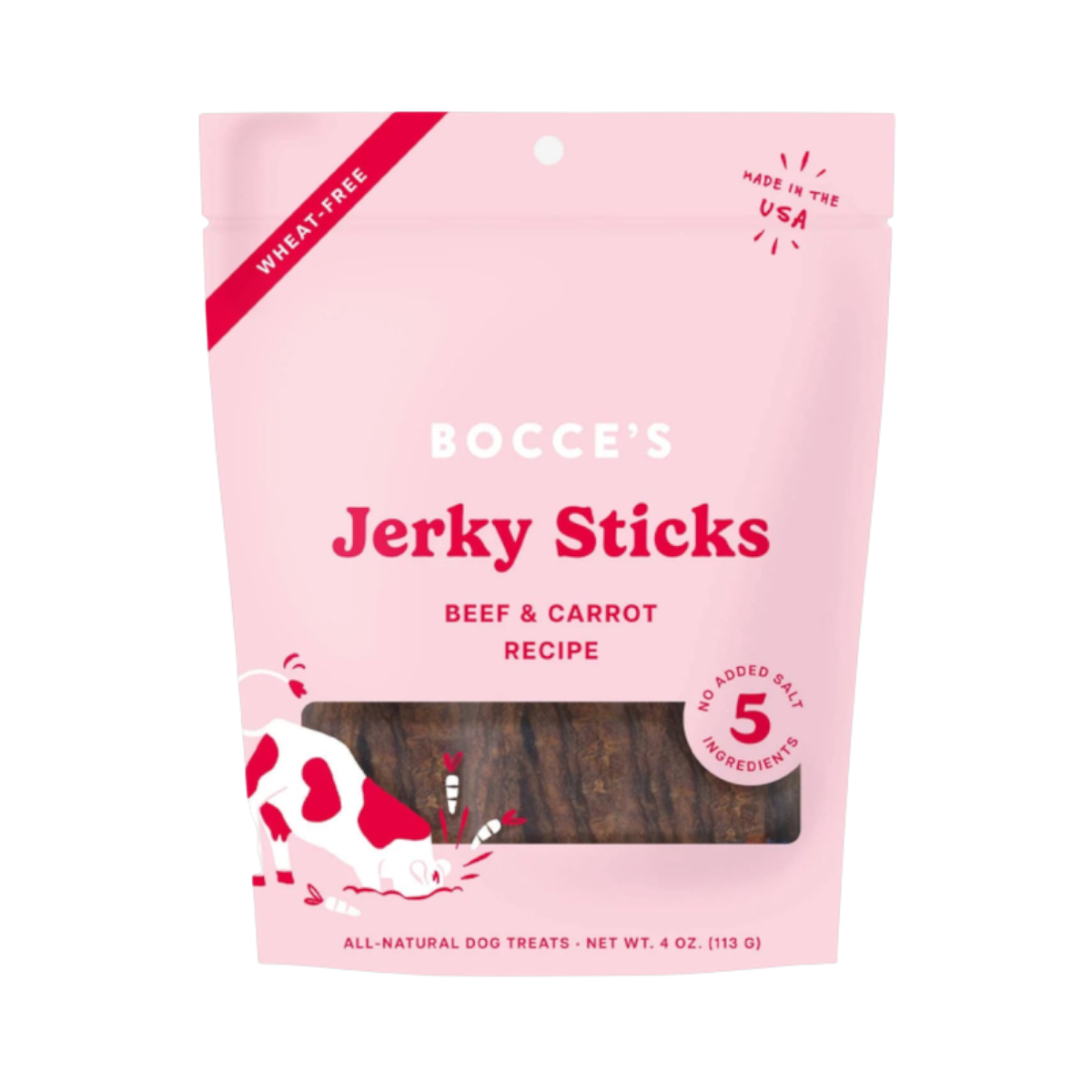 Dog Dish Bocce's Bakery beef and carrot jerky sticks in a pink resealable pouch for dogs