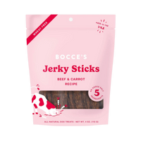 Dog Dish Bocce's Bakery beef and carrot jerky sticks in a pink resealable pouch for dogs