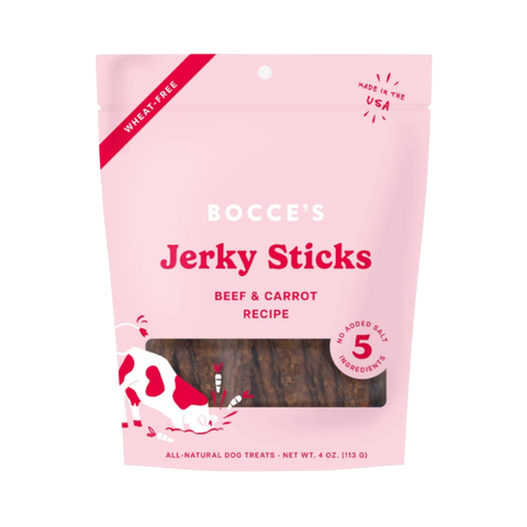 Dog Dish Bocce's Bakery beef and carrot jerky sticks in a pink resealable pouch for dogs