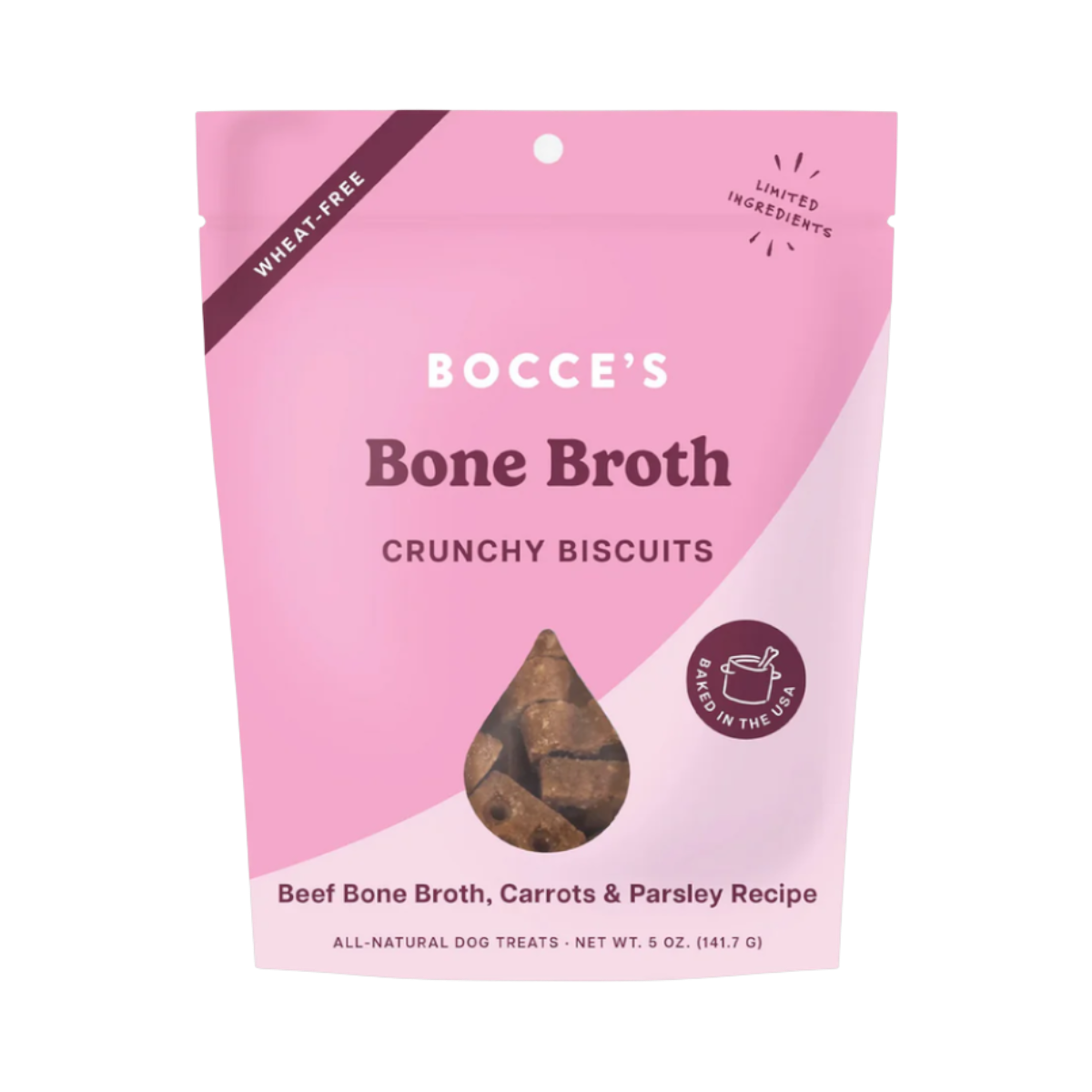 Dog Dish Bocce's Bakery wheat-free bone broth crunchy dog biscuits in a pink 5oz pouch with beef, carrot, and parsley.