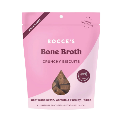 Dog Dish Bocce's Bakery wheat-free bone broth crunchy dog biscuits in a pink 5oz pouch with beef, carrot, and parsley.