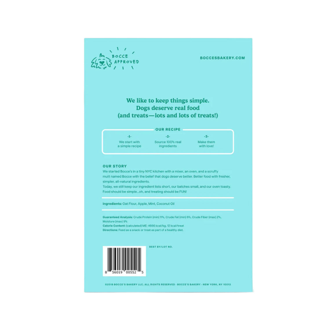 Dog Dish Bocce's Bakery Breath Biscuits packaging back view with ingredient list and nutritional information