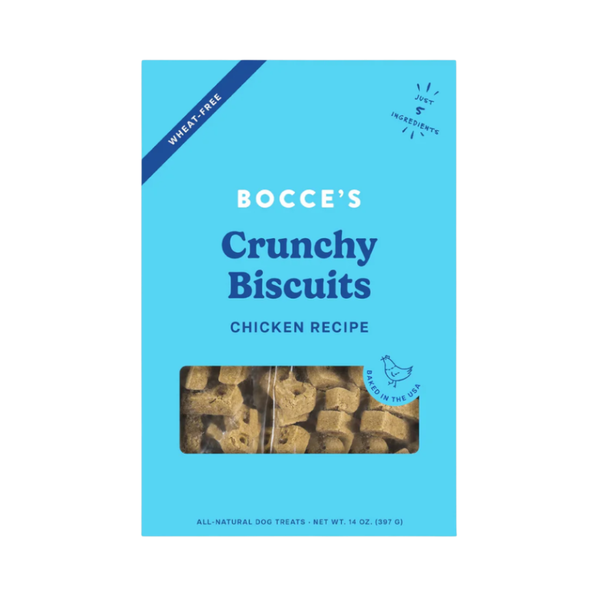 Dog Dish Bocce's Bakery wheat-free crunchy chicken dog biscuits in a light blue 14-ounce bag with five ingredients.