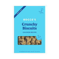 Dog Dish Bocce's Bakery wheat-free crunchy chicken dog biscuits in a light blue 14-ounce bag with five ingredients.