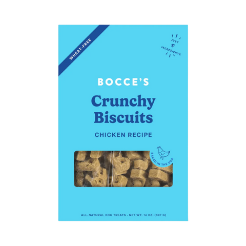 Dog Dish Bocce's Bakery wheat-free crunchy chicken dog biscuits in a light blue 14-ounce bag with five ingredients.