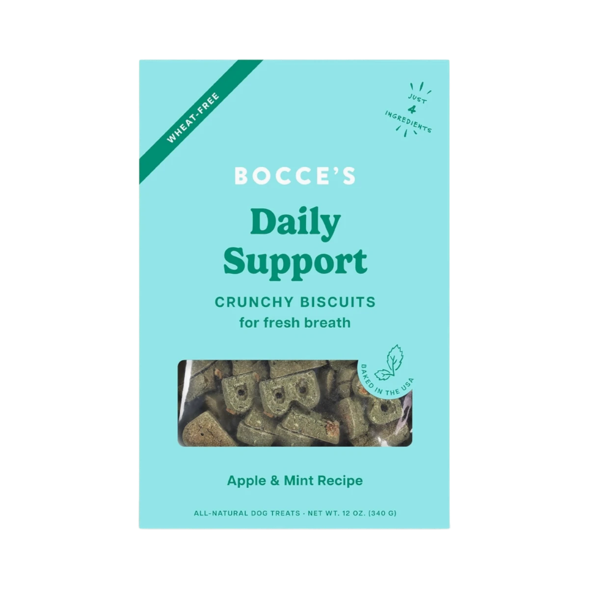 Dog Dish Bocce's Bakery wheat-free crunchy breath biscuits for dogs in an apple and mint recipe 12-ounce bag