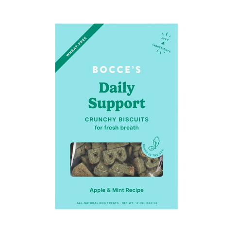 Dog Dish Bocce's Bakery wheat-free crunchy breath biscuits for dogs in an apple and mint recipe 12-ounce bag