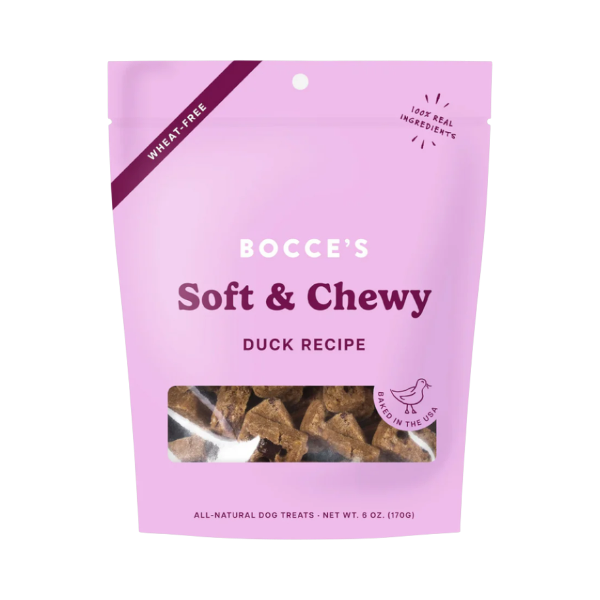 Dog Dish Bocce's Bakery soft and chewy duck dog treats in a pink 6oz wheat-free pouch with a clear window.