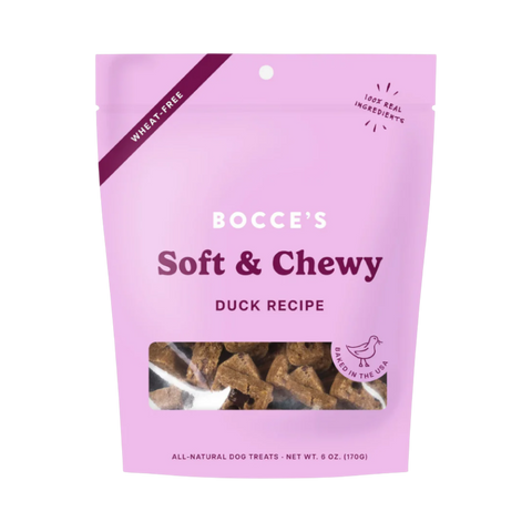 Dog Dish Bocce's Bakery soft and chewy duck dog treats in a pink 6oz wheat-free pouch with a clear window.