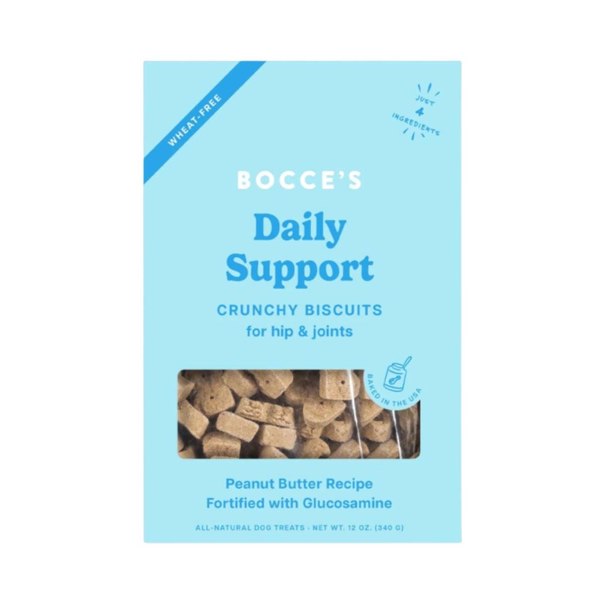 Dog Dish Bocce's Bakery Hip Biscuits, a 12oz bag of wheat-free, crunchy peanut butter dog treats with glucosamine.