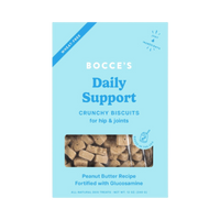 Dog Dish Bocce's Bakery Hip Biscuits, a 12oz bag of wheat-free, crunchy peanut butter dog treats with glucosamine.