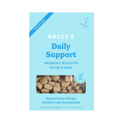 Dog Dish Bocce's Bakery Hip Biscuits, a 12oz bag of wheat-free, crunchy peanut butter dog treats with glucosamine.