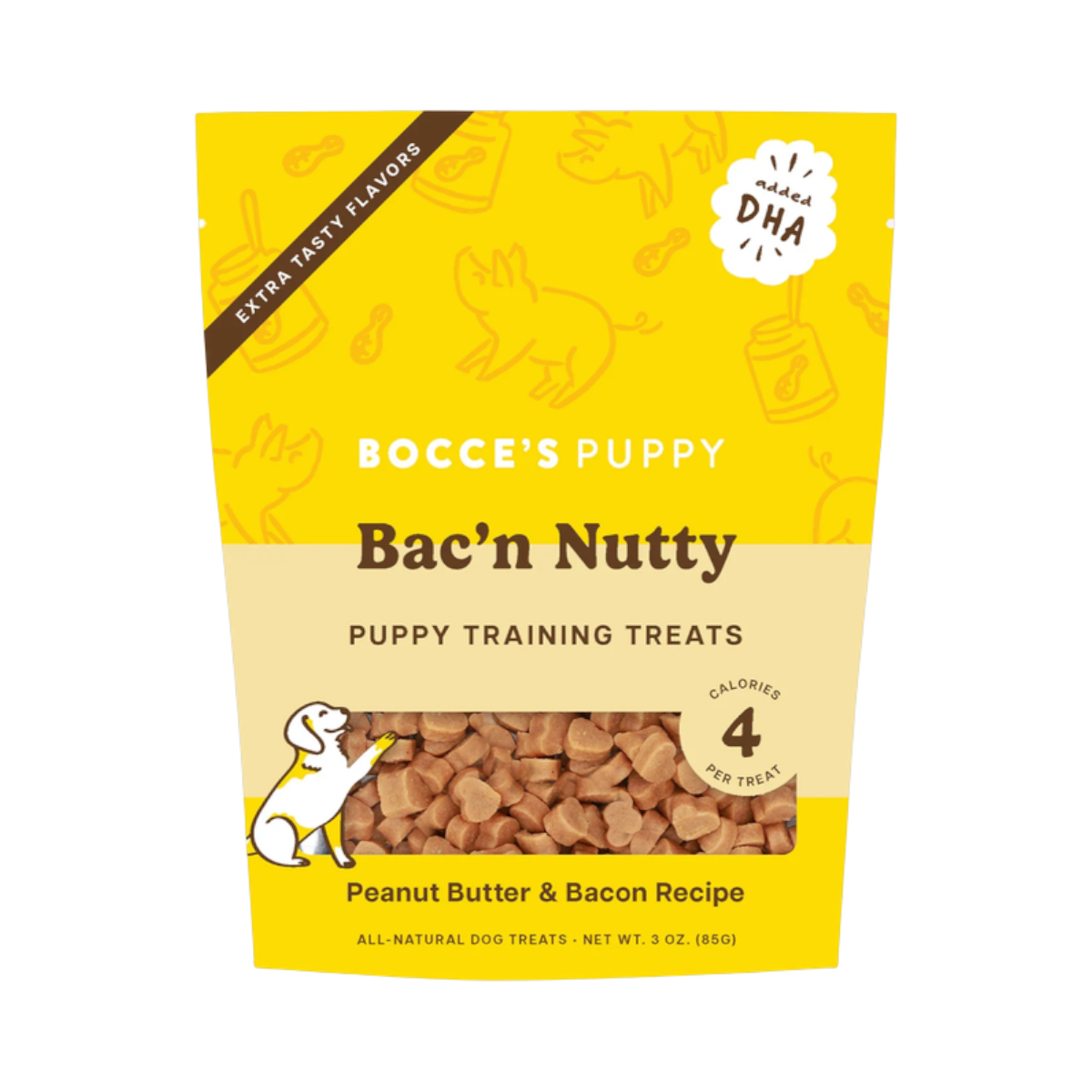 Dog Dish Bocce's Bakery Bac'n Nutty puppy training treats in a yellow 3oz bag with peanut butter and bacon flavor.