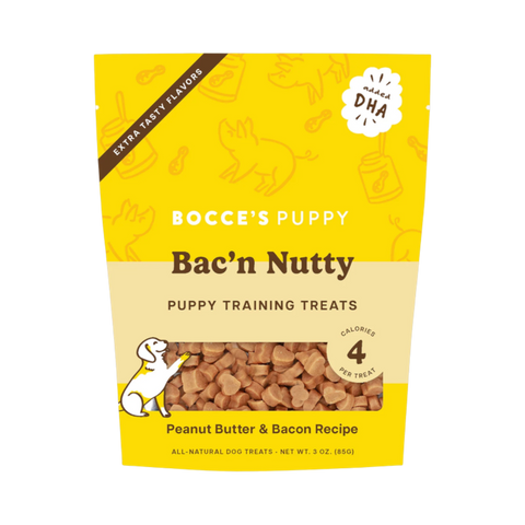 Dog Dish Bocce's Bakery Bac'n Nutty puppy training treats in a yellow 3oz bag with peanut butter and bacon flavor.