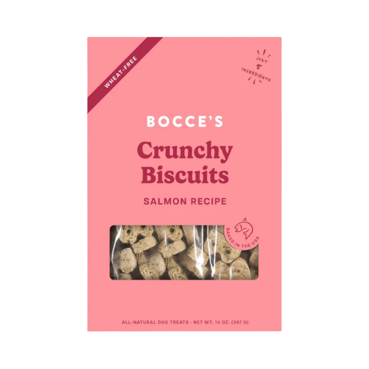 Dog Dish Bocce's Bakery wheat-free crunchy salmon dog biscuits in a pink 14-ounce bag with five natural ingredients.