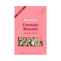 Dog Dish Bocce's Bakery wheat-free crunchy salmon dog biscuits in a pink 14-ounce bag with five natural ingredients.