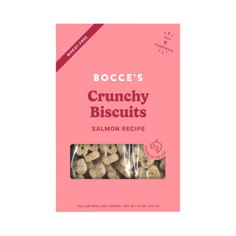 Dog Dish Bocce's Bakery wheat-free crunchy salmon dog biscuits in a pink 14-ounce bag with five natural ingredients.