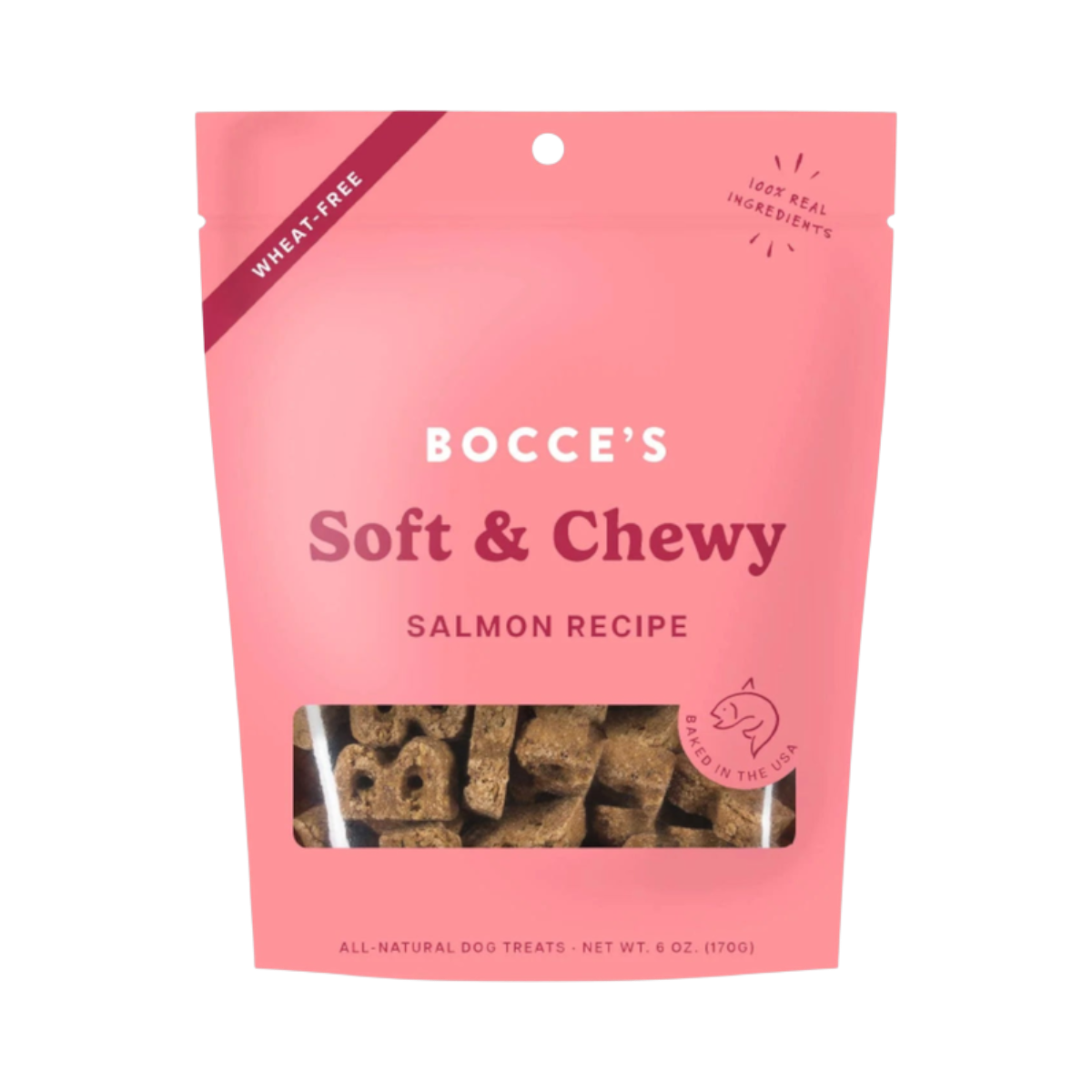 Dog Dish Bocce's Bakery soft and chewy salmon dog treats in a pink 6 oz wheat-free pouch with a clear window.