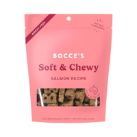 Dog Dish Bocce's Bakery soft and chewy salmon dog treats in a pink 6 oz wheat-free pouch with a clear window.