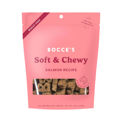 Dog Dish Bocce's Bakery soft and chewy salmon dog treats in a pink 6 oz wheat-free pouch with a clear window.