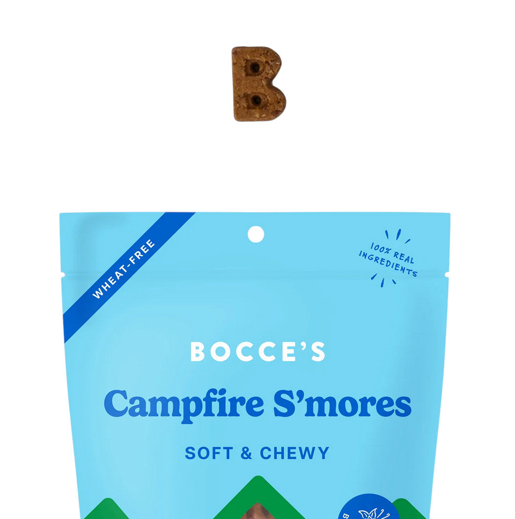 Dog Dish Bocce's Bakery Campfire S'mores soft and chewy wheat-free dog treat shaped like the letter B