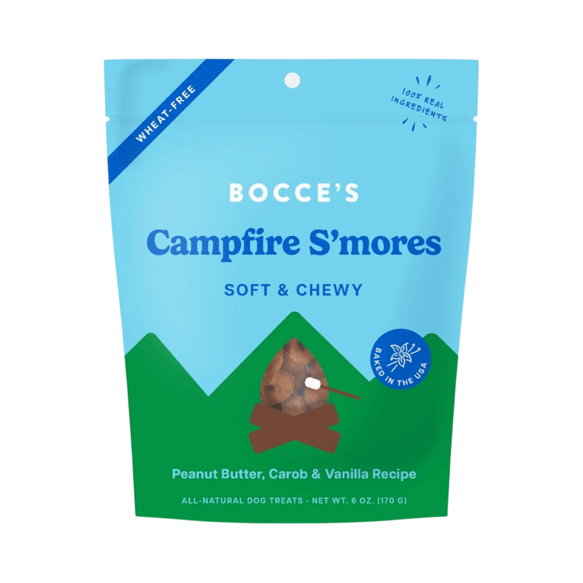 Dog Dish Bocce's Bakery wheat-free soft and chewy Campfire S'mores dog treats in a 6-ounce blue and green bag.