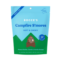 Dog Dish Bocce's Bakery wheat-free soft and chewy Campfire S'mores dog treats in a 6-ounce blue and green bag.