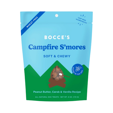 Dog Dish Bocce's Bakery wheat-free soft and chewy Campfire S'mores dog treats in a 6-ounce blue and green bag.