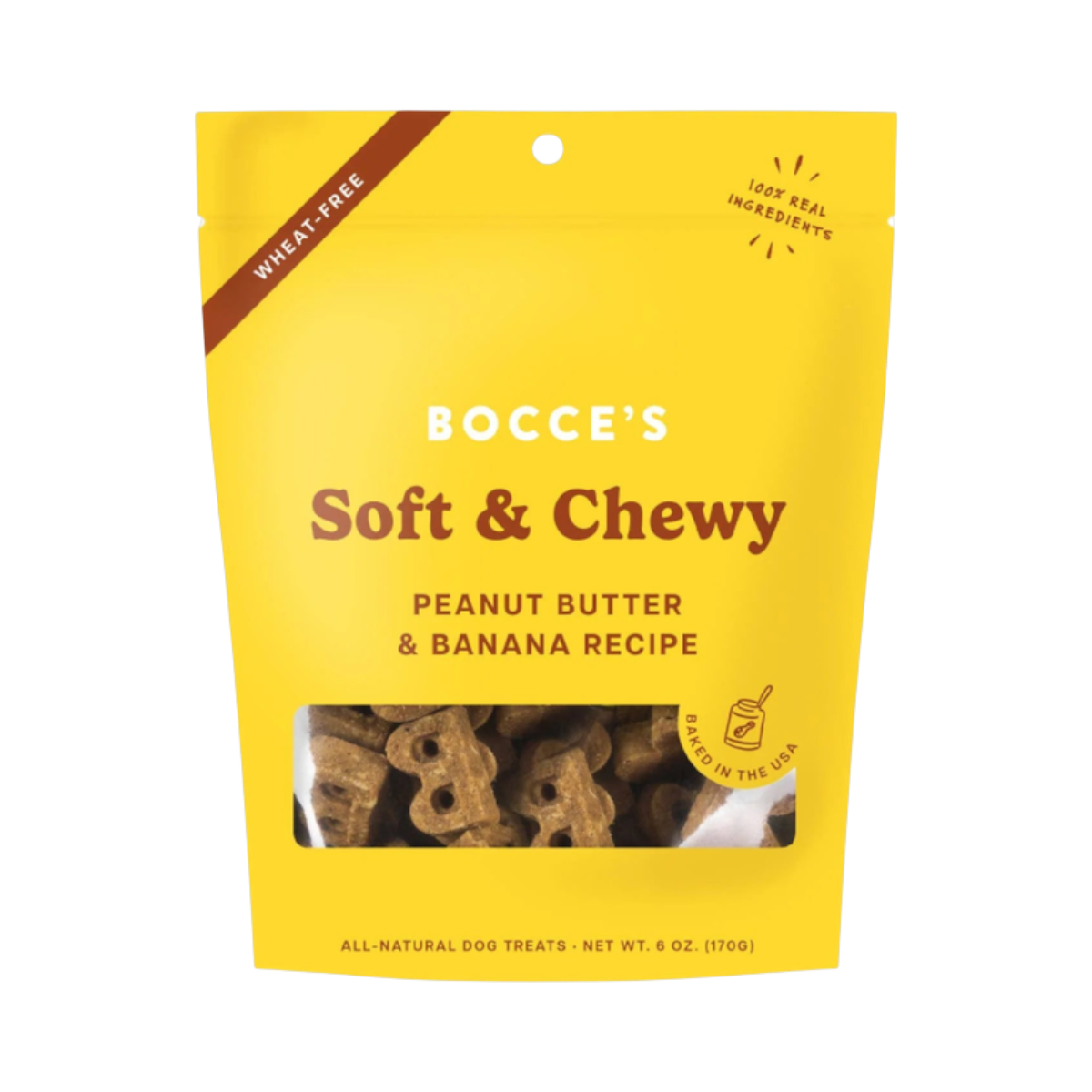 Dog Dish Bocce's Bakery soft and chewy peanut butter and banana dog treats in a yellow 6-ounce wheat-free pouch.