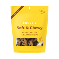 Dog Dish Bocce's Bakery soft and chewy peanut butter and banana dog treats in a yellow 6-ounce wheat-free pouch.