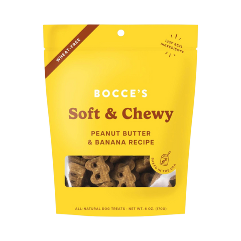 Dog Dish Bocce's Bakery soft and chewy peanut butter and banana dog treats in a yellow 6-ounce wheat-free pouch.