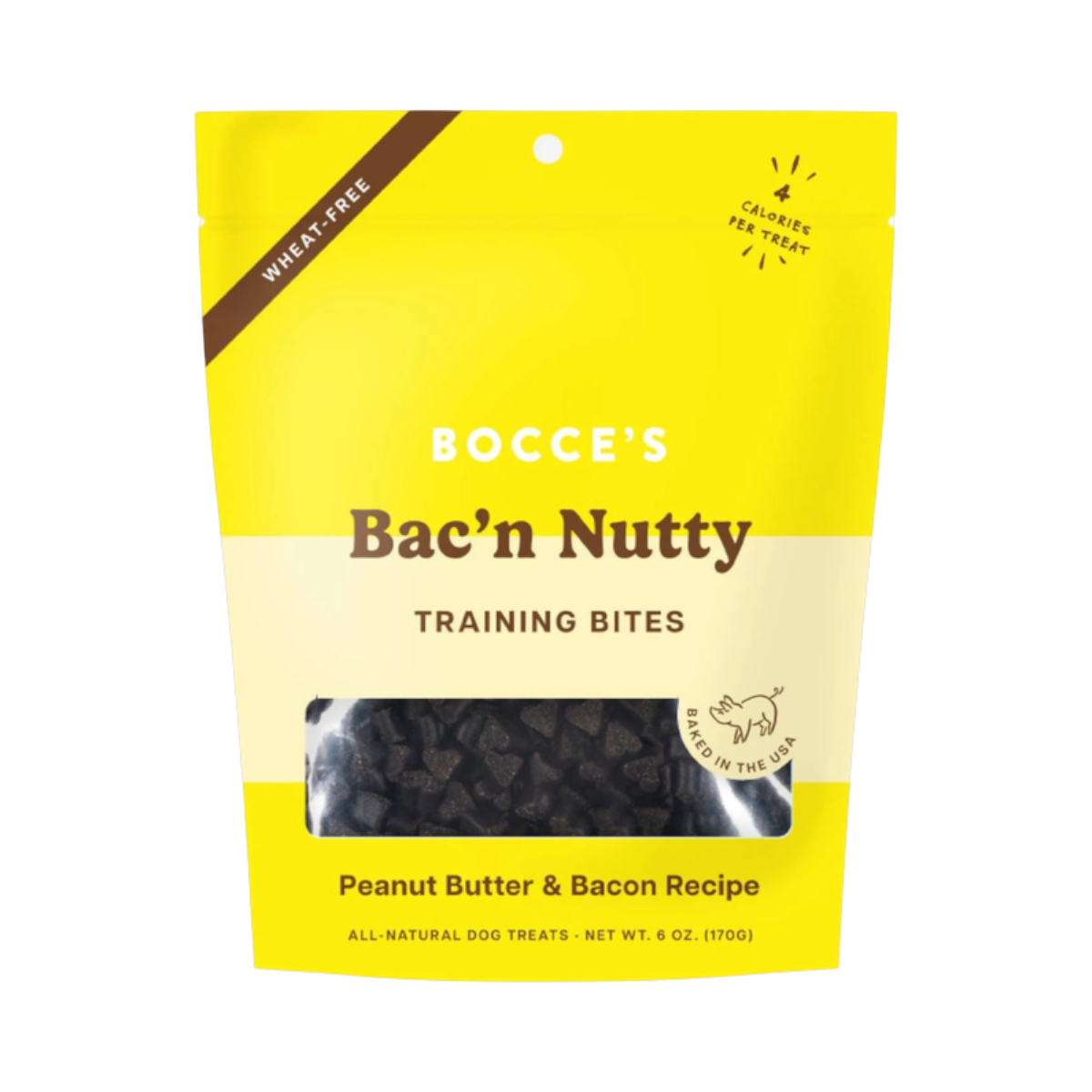 Dog Dish Bocce's Bakery Bac'n Nutty wheat-free training bites for dogs in a yellow 6 oz bag