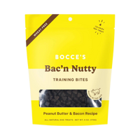 Dog Dish Bocce's Bakery Bac'n Nutty wheat-free training bites for dogs in a yellow 6 oz bag