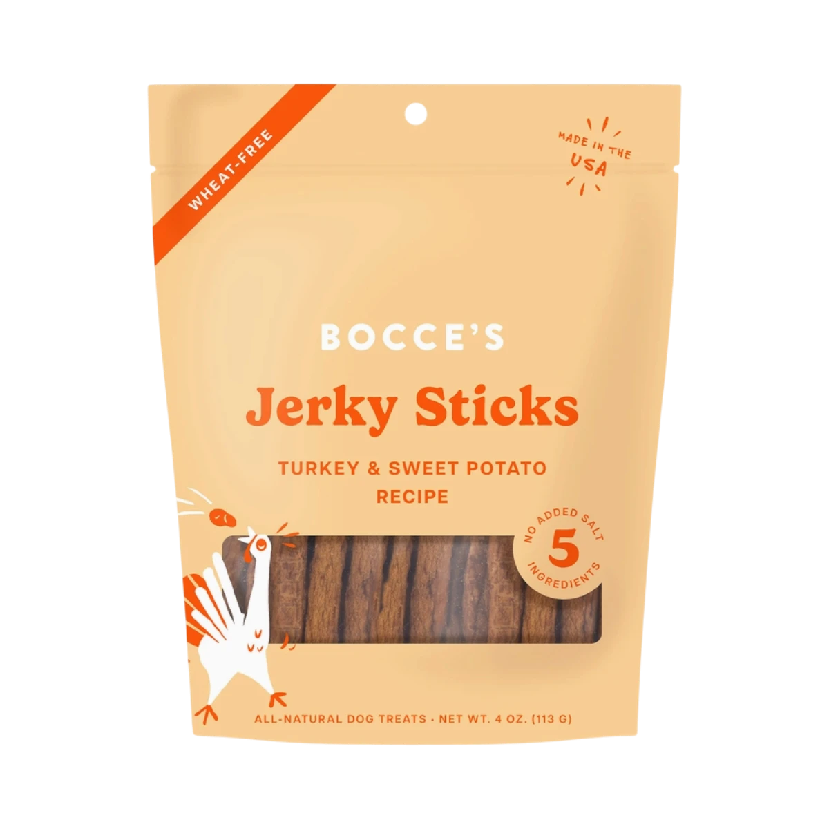 Dog Dish Bocce's Bakery Turkey and Sweet Potato jerky sticks in a 4oz wheat-free treat bag.