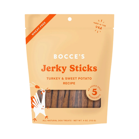 Dog Dish Bocce's Bakery Turkey and Sweet Potato jerky sticks in a 4oz wheat-free treat bag.