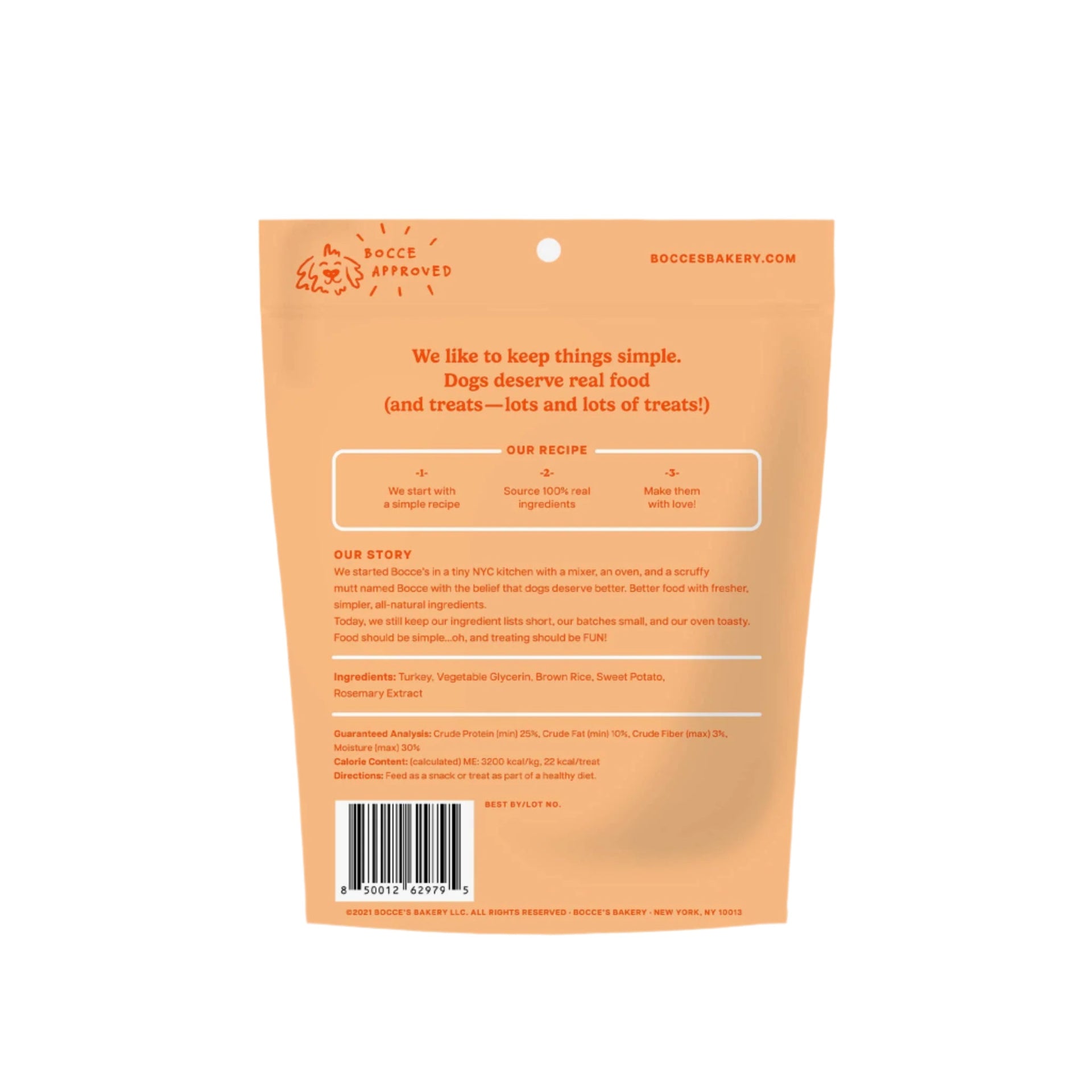 Dog Dish Bocce's Bakery Grazers Turkey and Sweet Potato dog treat bag back view with ingredient list and nutrition