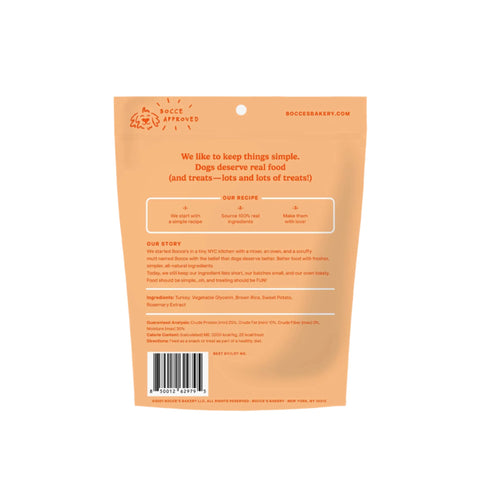 Dog Dish Bocce's Bakery Grazers Turkey and Sweet Potato dog treat bag back view with ingredient list and nutrition