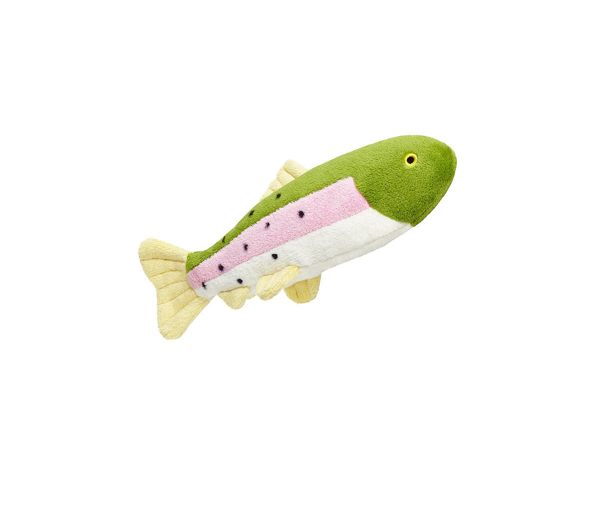 Dog Dish Fluff & Tuff Burt Lake Trout plush dog toy with green, pink, and cream realistic fish markings.
