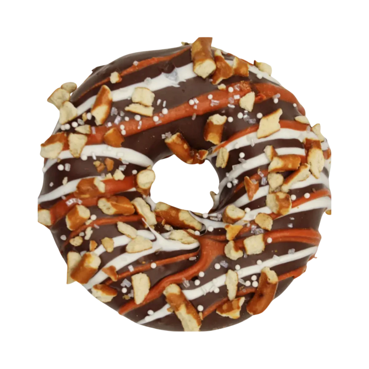 Dog Dish K9 Granola Factory carob-covered dog donut topped with crunchy pretzel pieces and white icing drizzle.